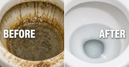 Before and after toilet bowl hard water stains: stained limescale rust ring vs clean white porcelain after natural vinegar baking soda cleaner — plumber near me toilet repair drain cleaning bathroom cleaning service hard water stain remover