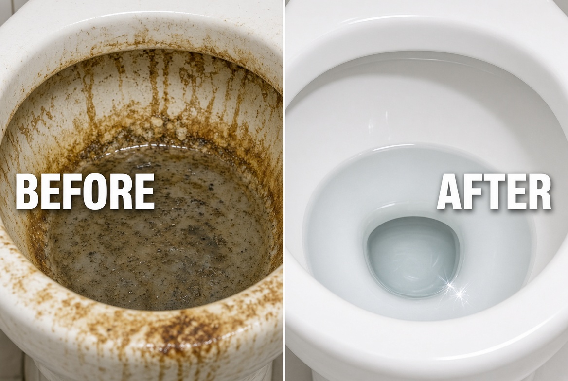 Before and after toilet bowl hard water stains: stained limescale rust ring vs clean white porcelain after natural vinegar baking soda cleaner — plumber near me toilet repair drain cleaning bathroom cleaning service hard water stain remover
